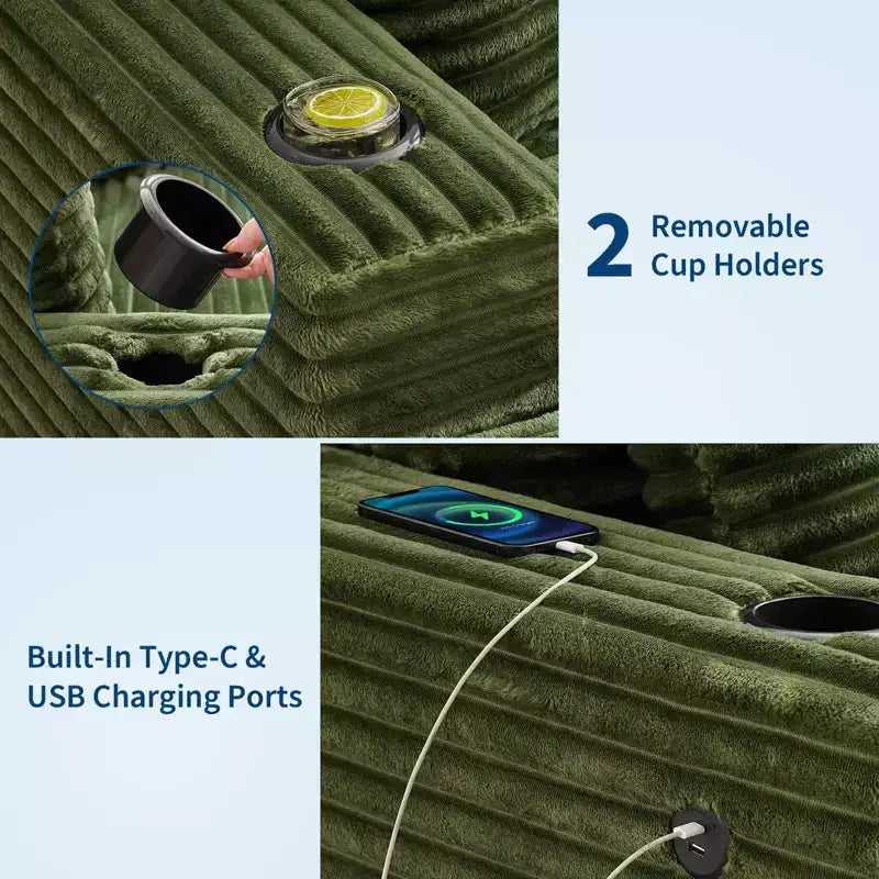 Canapé confortable en velours côtelé avec station de recharge, porte-gobelets et coussins pour salon, chambre et appartements