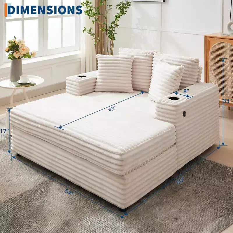 Canapé confortable en velours côtelé avec station de recharge, porte-gobelets et coussins pour salon, chambre et appartements