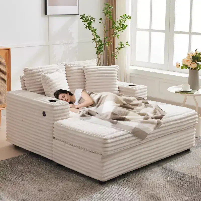 Canapé confortable en velours côtelé avec station de recharge, porte-gobelets et coussins pour salon, chambre et appartements