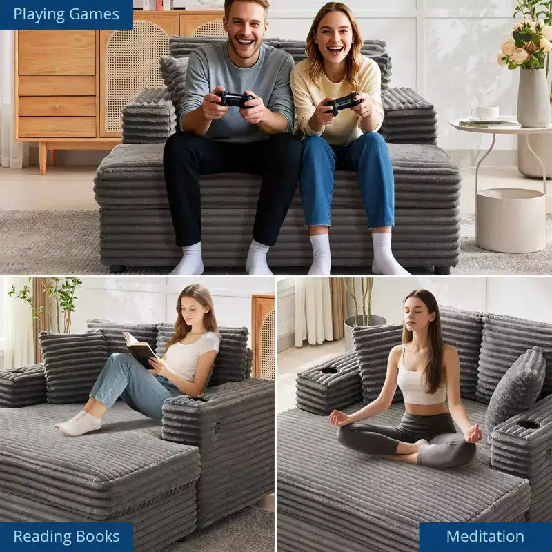 Canapé confortable en velours côtelé avec station de recharge, porte-gobelets et coussins pour salon, chambre et appartements
