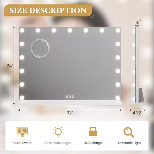 Miroir de courtoisie à LED de 17 pouces avec loupe 3X, commande tactile 3 modes d'éclairage, port de chargement USB, conception sur table/montage mural, 32x24, blanc