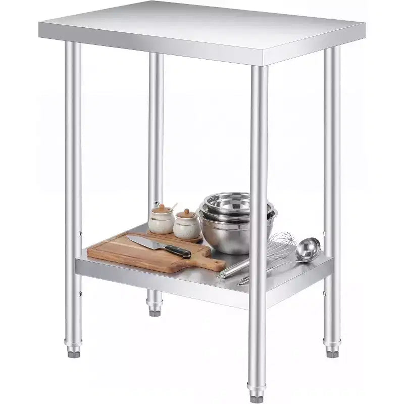 Table de travail en acier inoxydable (avec roues verrouillables), table de préparation utilitaire en métal à 2 niveaux avec étagère inférieure réglable pour cuisine de restaurant