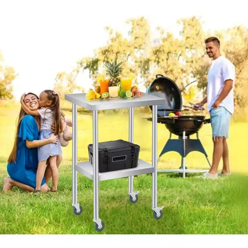 Table de travail en acier inoxydable (avec roues verrouillables), table de préparation utilitaire en métal à 2 niveaux avec étagère inférieure réglable pour cuisine de restaurant
