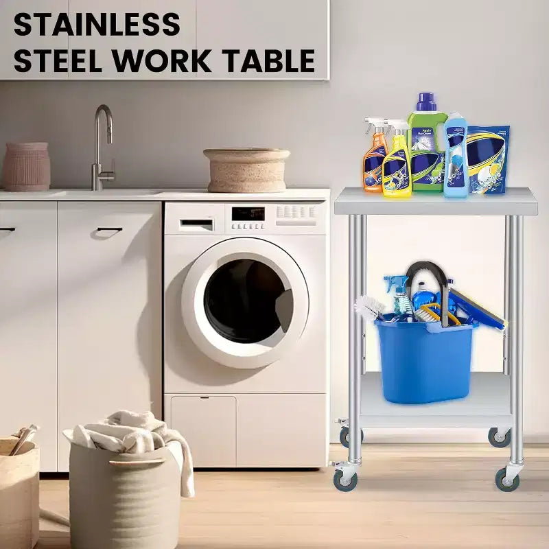 Table de travail en acier inoxydable (avec roues verrouillables), table de préparation utilitaire en métal à 2 niveaux avec étagère inférieure réglable pour cuisine de restaurant
