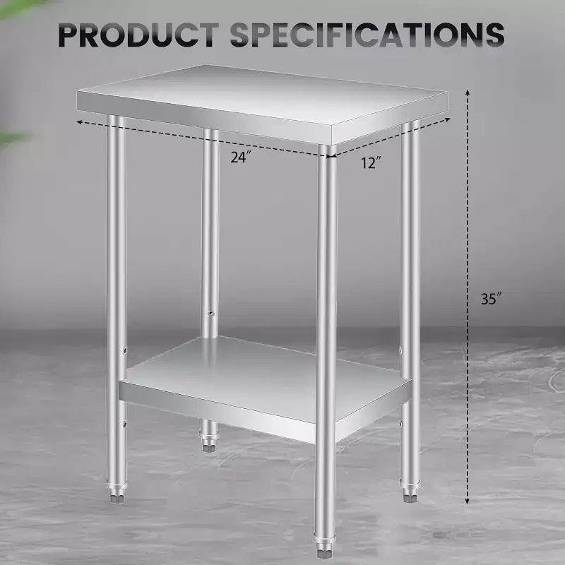 Table de travail en acier inoxydable (avec roues verrouillables), table de préparation utilitaire en métal à 2 niveaux avec étagère inférieure réglable pour cuisine de restaurant