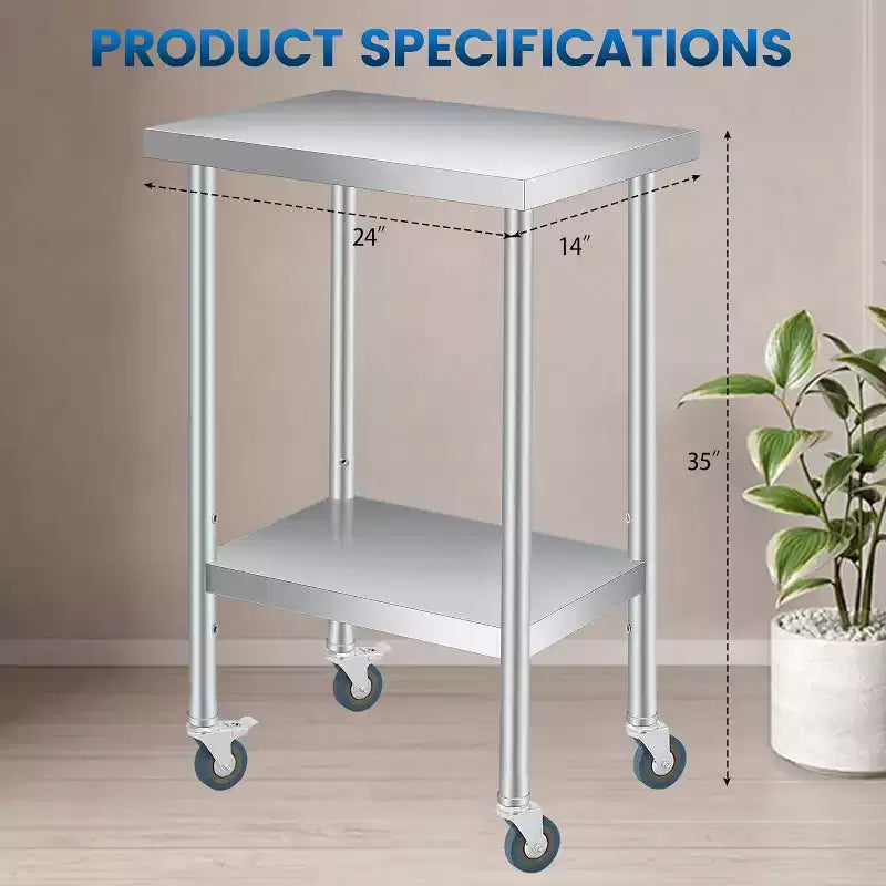 Table de travail en acier inoxydable (avec roues verrouillables), table de préparation utilitaire en métal à 2 niveaux avec étagère inférieure réglable pour cuisine de restaurant