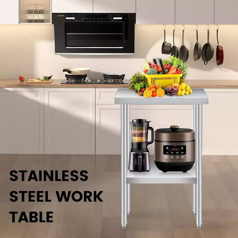 Table de travail en acier inoxydable (avec roues verrouillables), table de préparation utilitaire en métal à 2 niveaux avec étagère inférieure réglable pour cuisine de restaurant