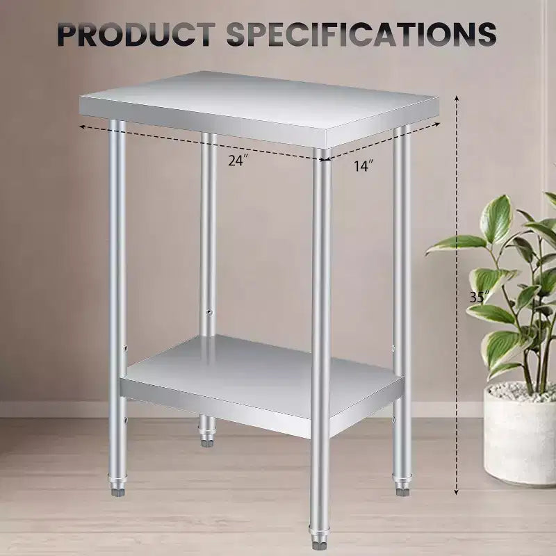 Table de travail en acier inoxydable (avec roues verrouillables), table de préparation utilitaire en métal à 2 niveaux avec étagère inférieure réglable pour cuisine de restaurant