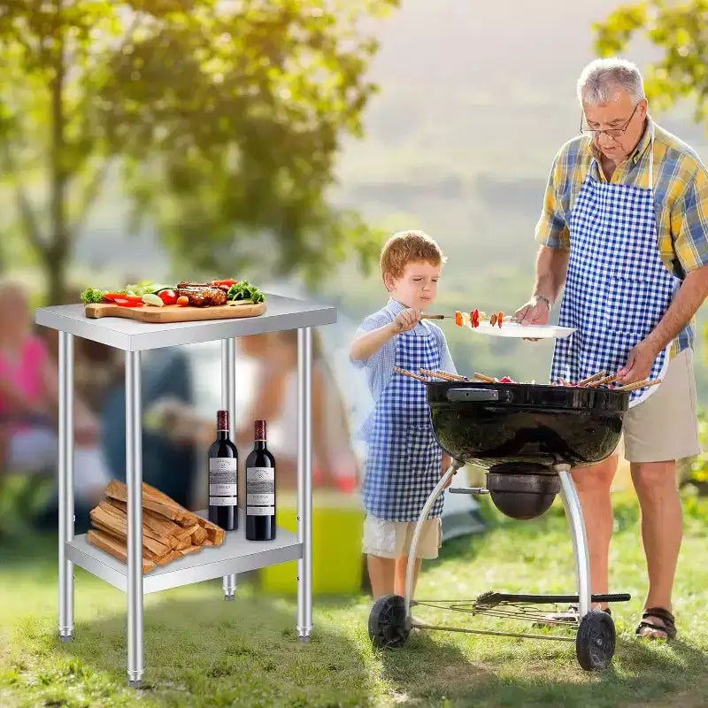 Table de travail en acier inoxydable (avec roues verrouillables), table de préparation utilitaire en métal à 2 niveaux avec étagère inférieure réglable pour cuisine de restaurant