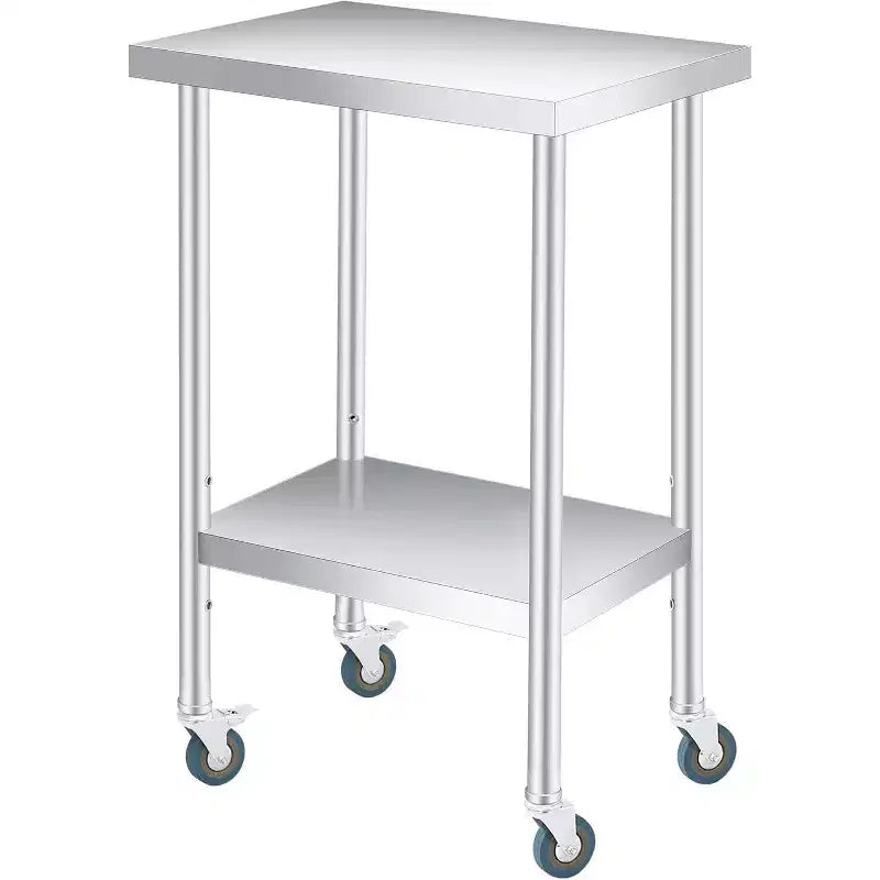 Table de travail en acier inoxydable (avec roues verrouillables), table de préparation utilitaire en métal à 2 niveaux avec étagère inférieure réglable pour cuisine de restaurant