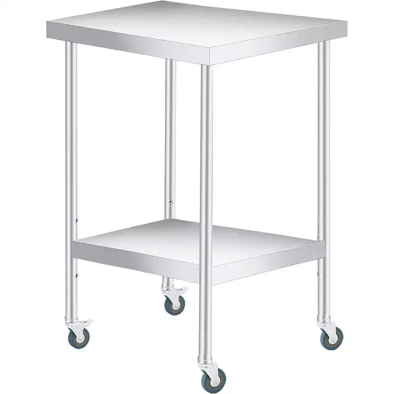 Table de travail en acier inoxydable (avec roues verrouillables), table de préparation utilitaire en métal à 2 niveaux avec étagère inférieure réglable pour cuisine de restaurant