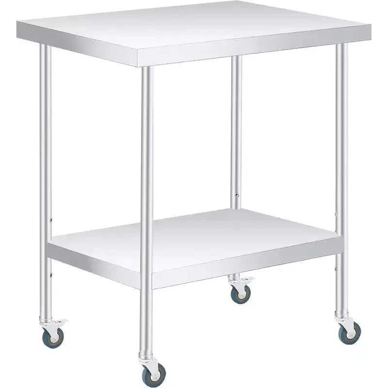 Table de travail en acier inoxydable (avec roues verrouillables), table de préparation utilitaire en métal à 2 niveaux avec étagère inférieure réglable pour cuisine de restaurant
