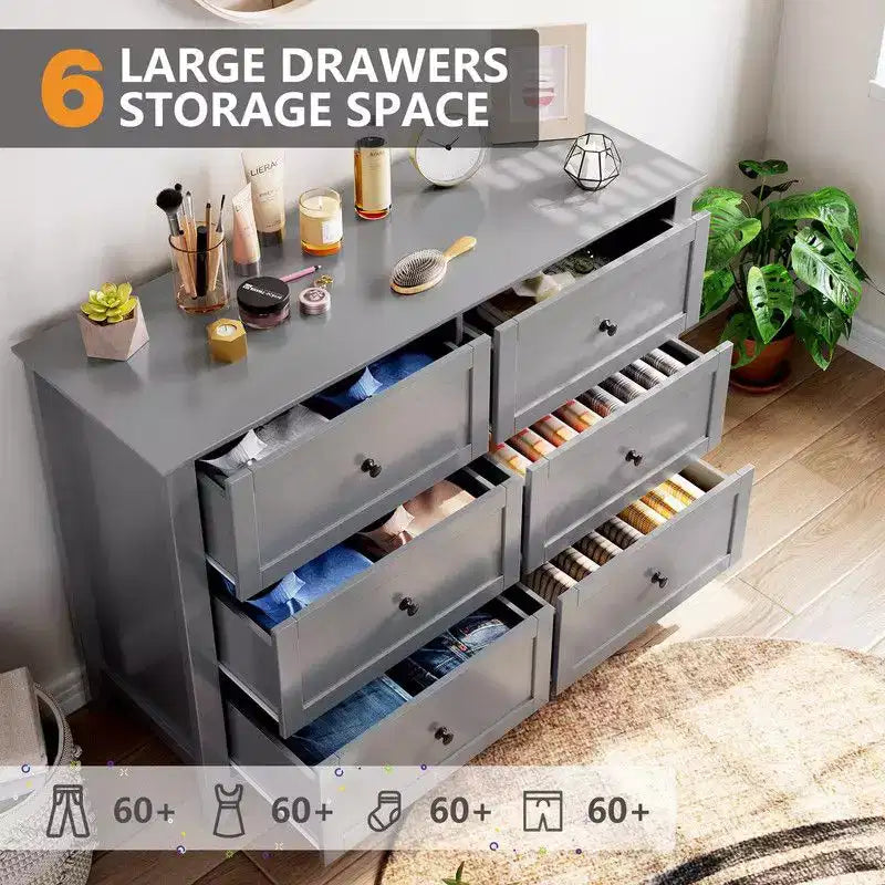 Commode de chambre, commode à 6 tiroirs pour TV de 48 pouces, meuble TV moderne en bois pour salon, rangement de placard, entrée, couloir