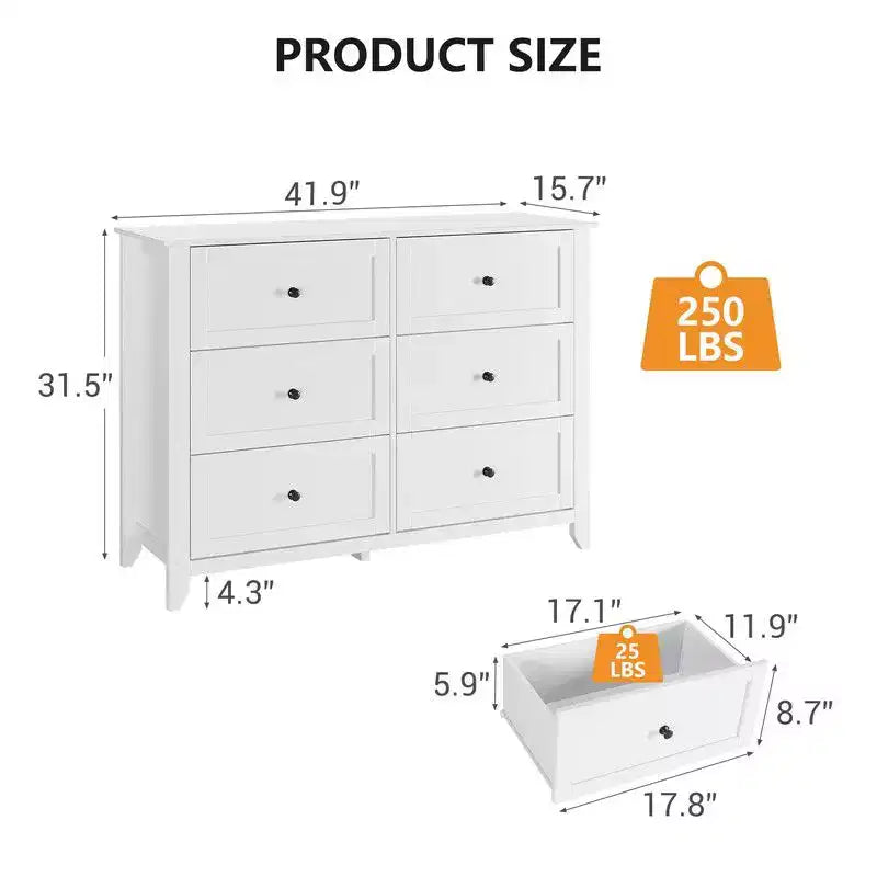 Commode de chambre, commode à 6 tiroirs pour TV de 48 pouces, meuble TV moderne en bois pour salon, rangement de placard, entrée, couloir