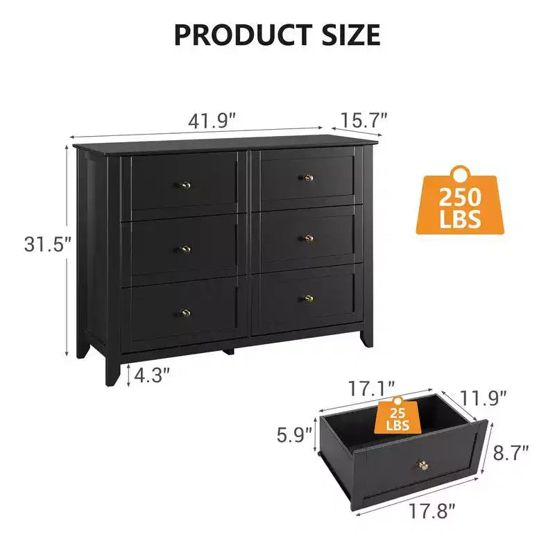 Commode de chambre, commode à 6 tiroirs pour TV de 48 pouces, meuble TV moderne en bois pour salon, rangement de placard, entrée, couloir