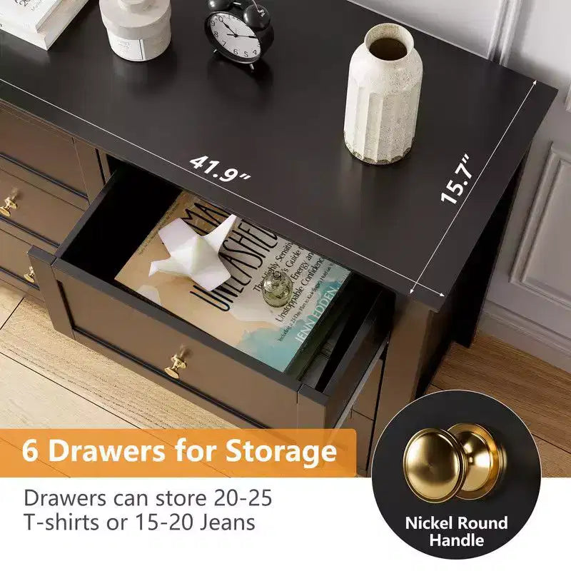Commode de chambre, commode à 6 tiroirs pour TV de 48 pouces, meuble TV moderne en bois pour salon, rangement de placard, entrée, couloir