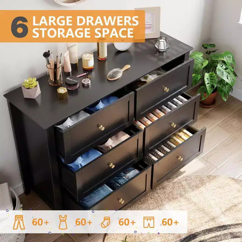 Commode de chambre, commode à 6 tiroirs pour TV de 48 pouces, meuble TV moderne en bois pour salon, rangement de placard, entrée, couloir