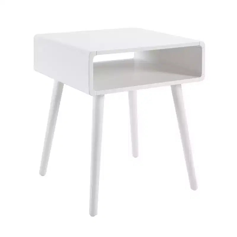 Table d'appoint avec étagère, Table d'appoint de style Mid-Century Moderne avec compartiment ouvert, bords incurvés, pieds fuselés et surface spacieuse