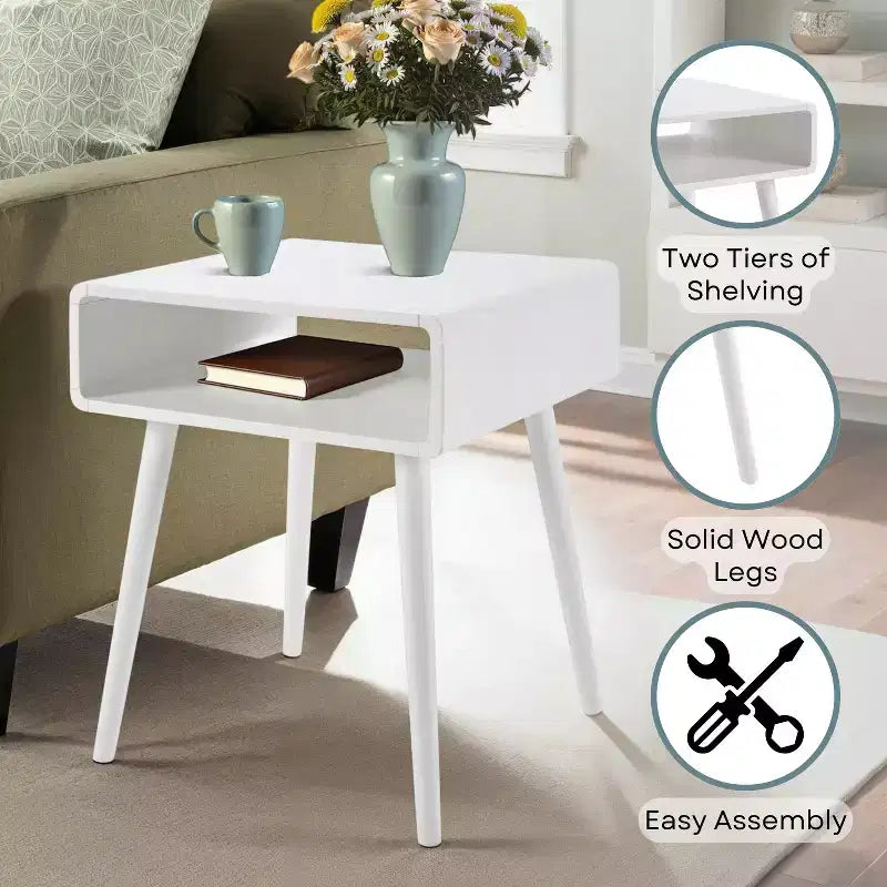 Table d'appoint avec étagère, Table d'appoint de style Mid-Century Moderne avec compartiment ouvert, bords incurvés, pieds fuselés et surface spacieuse