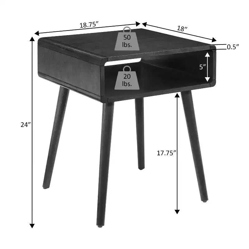 Table d'appoint avec étagère, Table d'appoint de style Mid-Century Moderne avec compartiment ouvert, bords incurvés, pieds fuselés et surface spacieuse