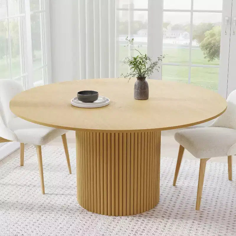 Table de salle à manger ronde en bois massif de 60" - Table de cuisine pour 6-8 personnes avec plateau et pieds cylindriques concaves pour salon/salle à manger/bureau - Naturel