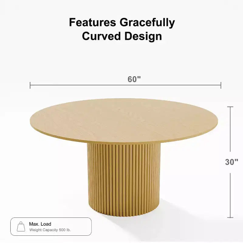Table de salle à manger ronde en bois massif de 60" - Table de cuisine pour 6-8 personnes avec plateau et pieds cylindriques concaves pour salon/salle à manger/bureau - Naturel