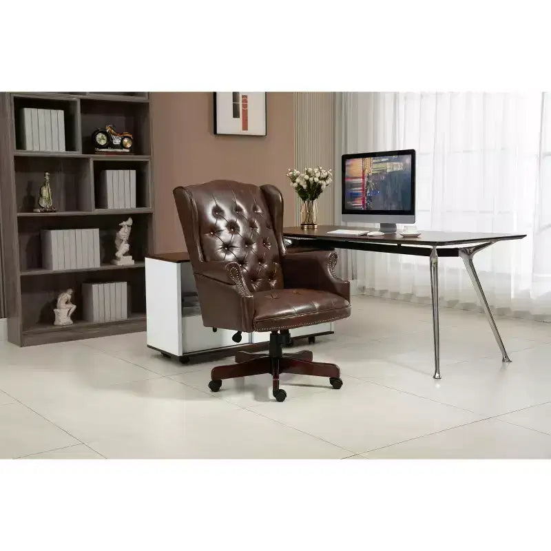 Fauteuil de bureau de direction avec base couleur bois, chaise confortable avec dossier et accoudoirs rembourrés, chaise croisée pour bureau, étude