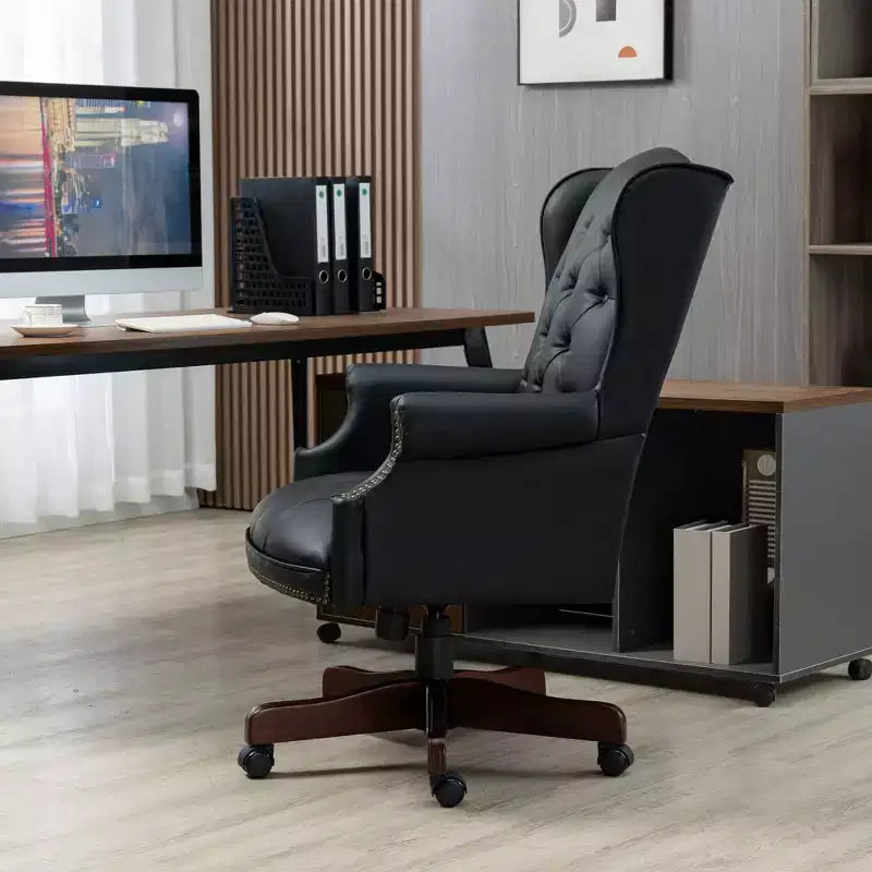 Fauteuil de bureau de direction avec base couleur bois, chaise confortable avec dossier et accoudoirs rembourrés, chaise croisée pour bureau, étude
