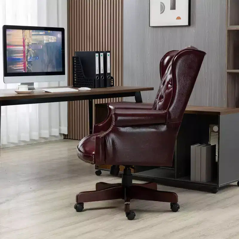 Fauteuil de bureau de direction avec base couleur bois, chaise confortable avec dossier et accoudoirs rembourrés, chaise croisée pour bureau, étude