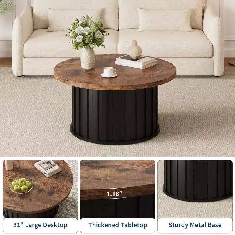 Table basse ronde, Table basse du milieu du siècle avec base en métal, Table basse cannelée de 81 cm pour salon, petit espace, appartement
