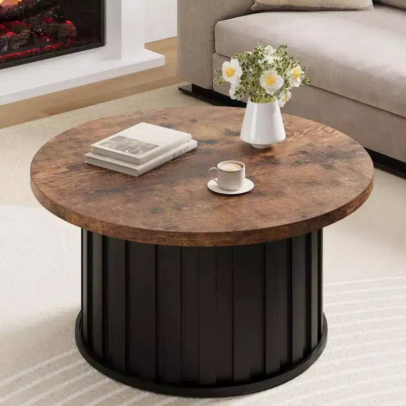 Table basse ronde, Table basse du milieu du siècle avec base en métal, Table basse cannelée de 81 cm pour salon, petit espace, appartement