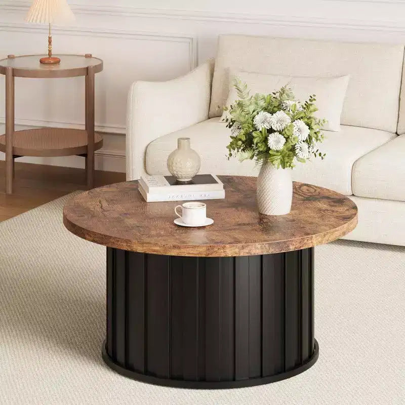 Table basse ronde, Table basse du milieu du siècle avec base en métal, Table basse cannelée de 81 cm pour salon, petit espace, appartement