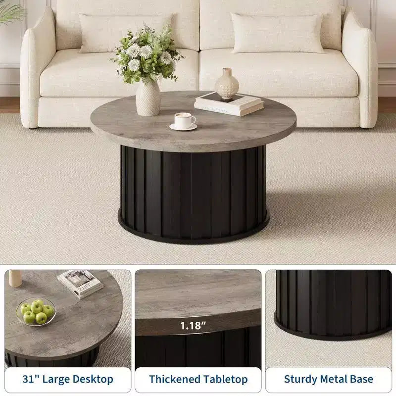 Table basse ronde, Table basse du milieu du siècle avec base en métal, Table basse cannelée de 81 cm pour salon, petit espace, appartement