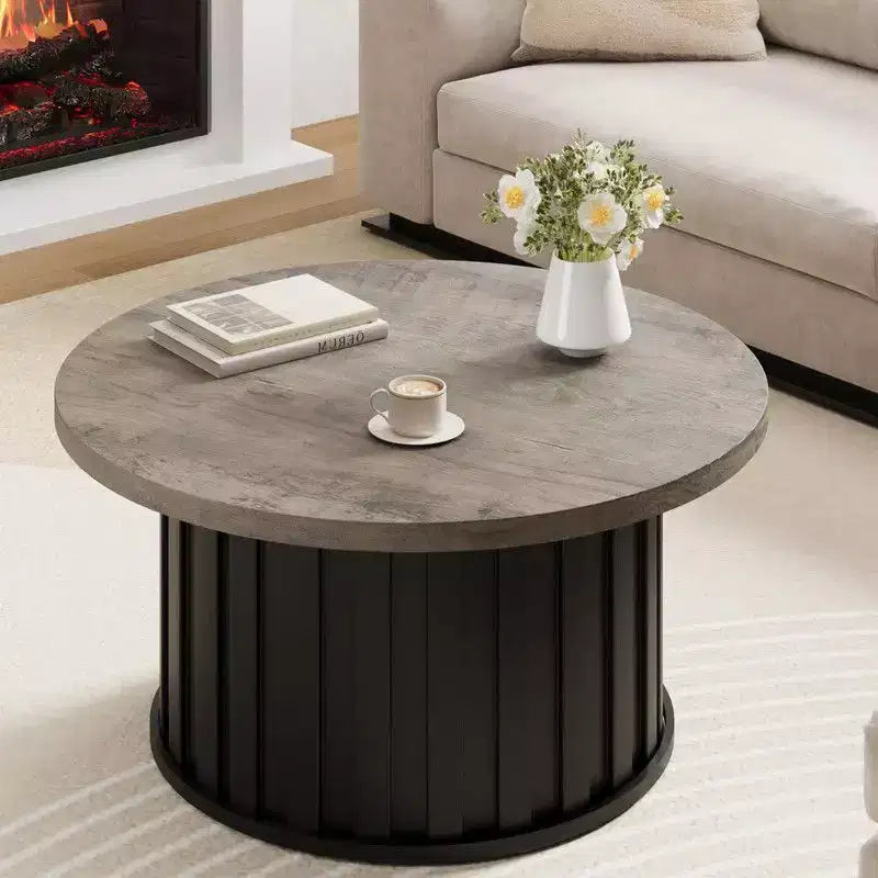 Table basse ronde, Table basse du milieu du siècle avec base en métal, Table basse cannelée de 81 cm pour salon, petit espace, appartement