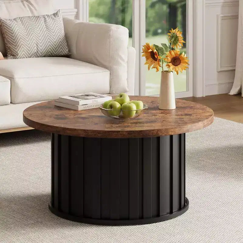 Table basse ronde, Table basse du milieu du siècle avec base en métal, Table basse cannelée de 81 cm pour salon, petit espace, appartement