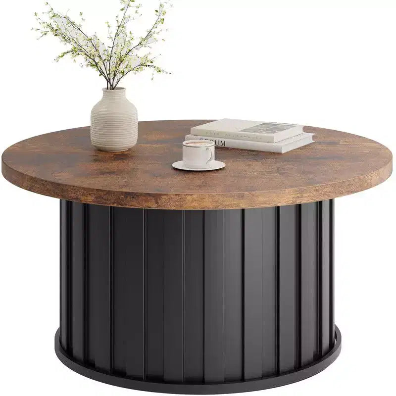 Table basse ronde, Table basse du milieu du siècle avec base en métal, Table basse cannelée de 81 cm pour salon, petit espace, appartement