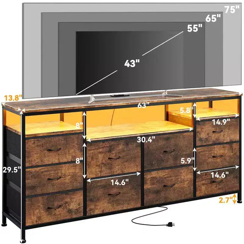 Commode 10 tiroirs de 160,8 cm, Meuble TV pour téléviseurs de 65, 70, 75 pouces, Commode en tissu avec lumières LED et prises de courant, Long meuble de rangement