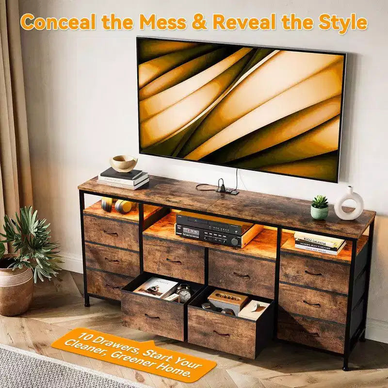 Commode 10 tiroirs de 160,8 cm, Meuble TV pour téléviseurs de 65, 70, 75 pouces, Commode en tissu avec lumières LED et prises de courant, Long meuble de rangement