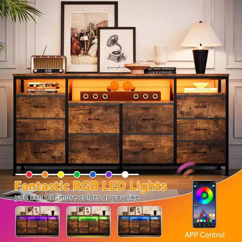 Commode 10 tiroirs de 160,8 cm, Meuble TV pour téléviseurs de 65, 70, 75 pouces, Commode en tissu avec lumières LED et prises de courant, Long meuble de rangement