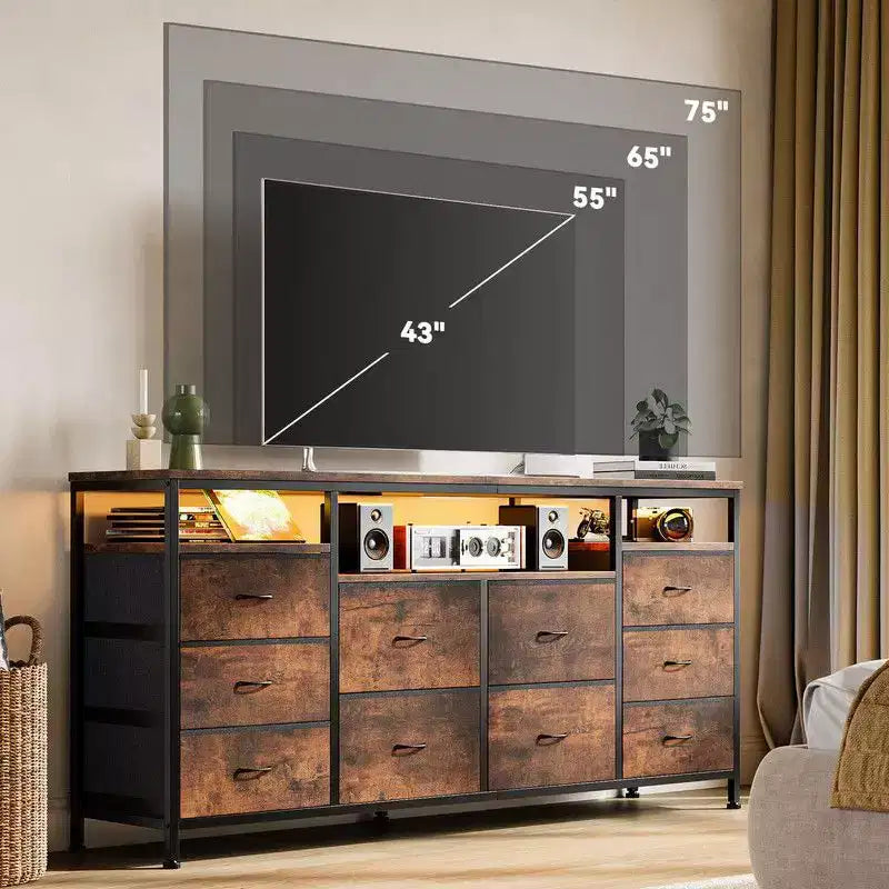 Commode 10 tiroirs de 160,8 cm, Meuble TV pour téléviseurs de 65, 70, 75 pouces, Commode en tissu avec lumières LED et prises de courant, Long meuble de rangement