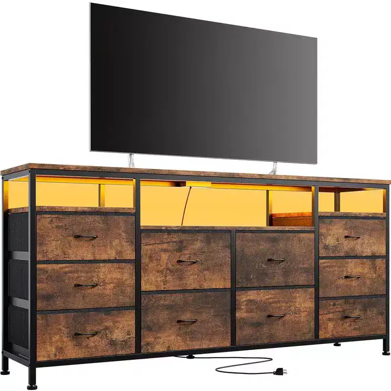 Commode 10 tiroirs de 160,8 cm, Meuble TV pour téléviseurs de 65, 70, 75 pouces, Commode en tissu avec lumières LED et prises de courant, Long meuble de rangement