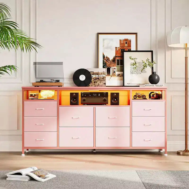 Commode 10 tiroirs de 160,8 cm, Meuble TV pour téléviseurs de 65, 70, 75 pouces, Commode en tissu avec lumières LED et prises de courant, Long meuble de rangement