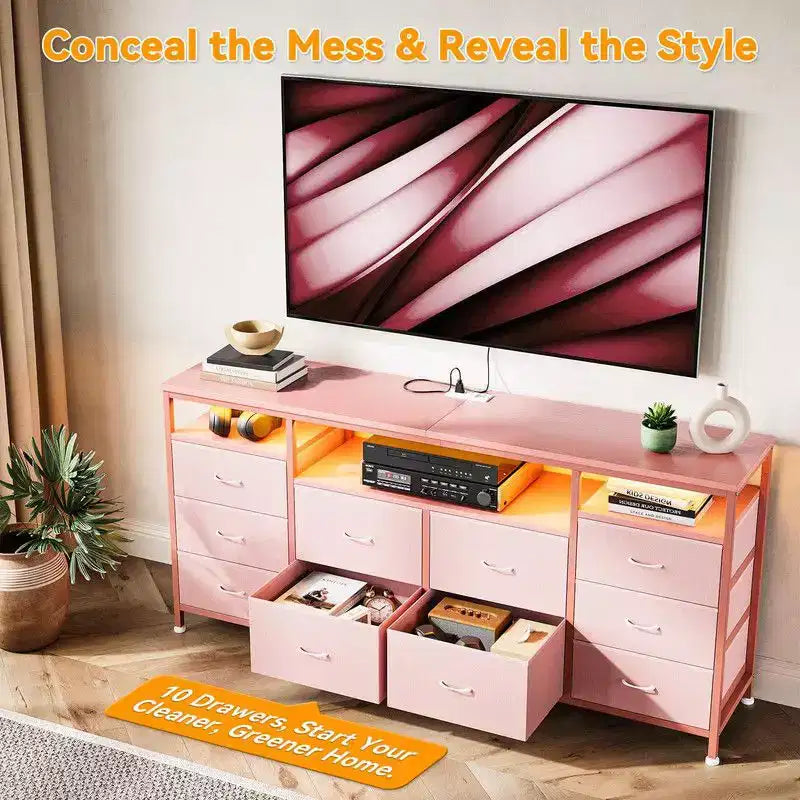Commode 10 tiroirs de 160,8 cm, Meuble TV pour téléviseurs de 65, 70, 75 pouces, Commode en tissu avec lumières LED et prises de courant, Long meuble de rangement