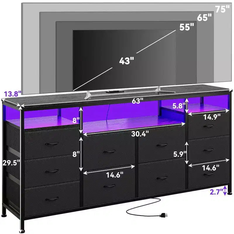 Commode 10 tiroirs de 160,8 cm, Meuble TV pour téléviseurs de 65, 70, 75 pouces, Commode en tissu avec lumières LED et prises de courant, Long meuble de rangement