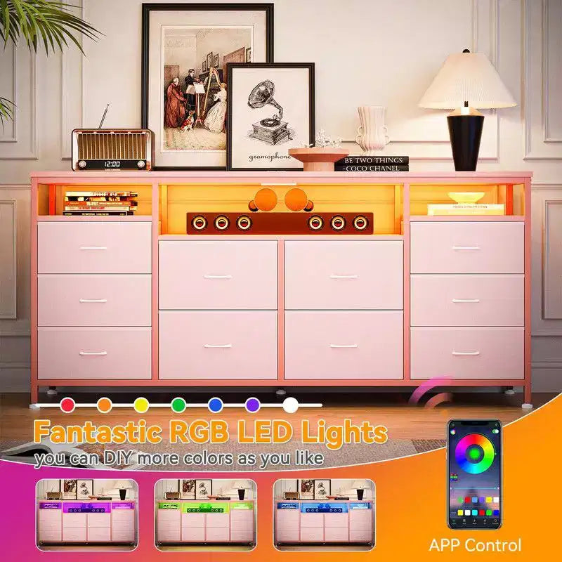 Commode 10 tiroirs de 160,8 cm, Meuble TV pour téléviseurs de 65, 70, 75 pouces, Commode en tissu avec lumières LED et prises de courant, Long meuble de rangement