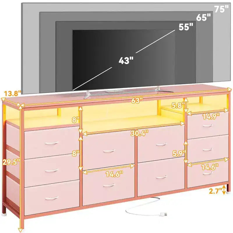 Commode 10 tiroirs de 160,8 cm, Meuble TV pour téléviseurs de 65, 70, 75 pouces, Commode en tissu avec lumières LED et prises de courant, Long meuble de rangement
