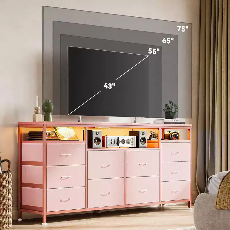 Commode 10 tiroirs de 160,8 cm, Meuble TV pour téléviseurs de 65, 70, 75 pouces, Commode en tissu avec lumières LED et prises de courant, Long meuble de rangement