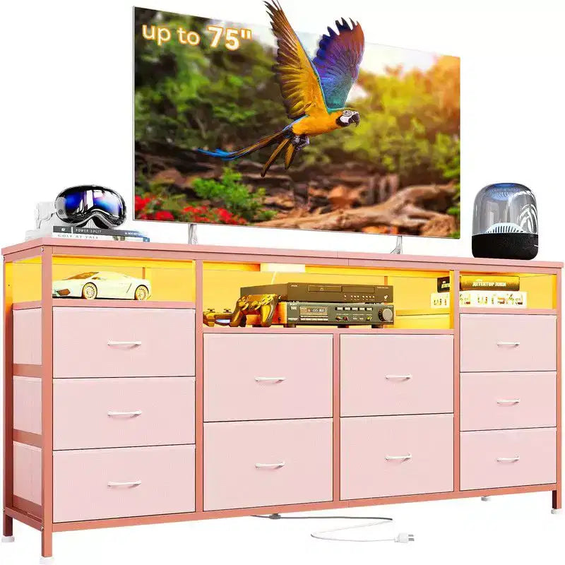 Commode 10 tiroirs de 160,8 cm, Meuble TV pour téléviseurs de 65, 70, 75 pouces, Commode en tissu avec lumières LED et prises de courant, Long meuble de rangement