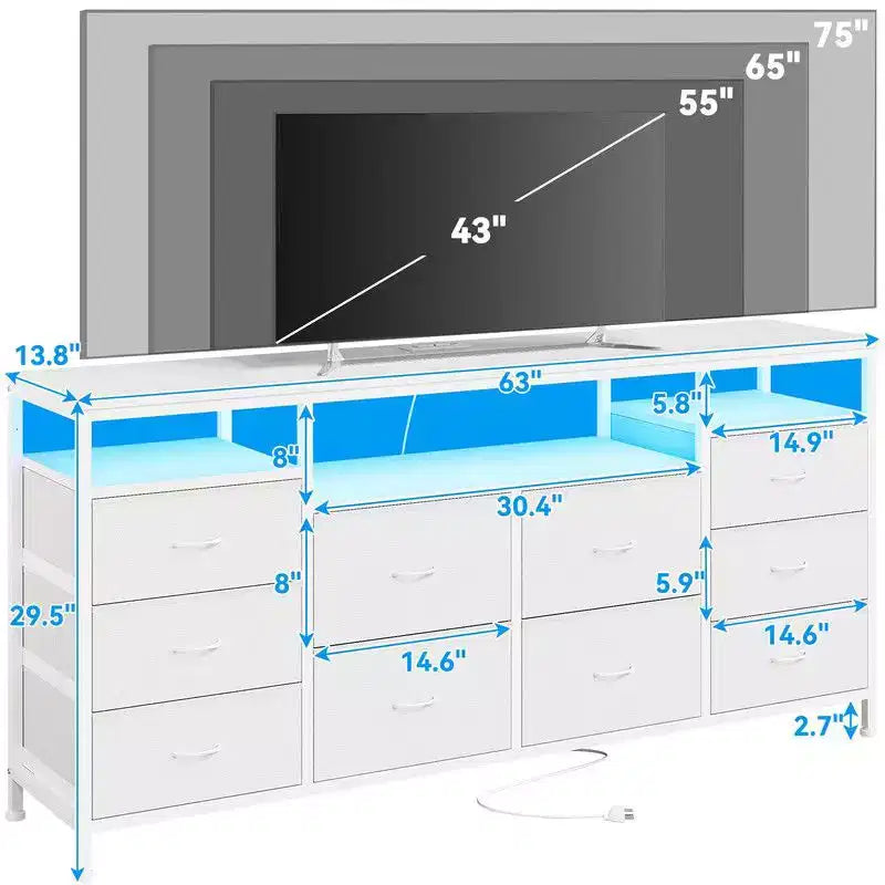 Commode 10 tiroirs de 160,8 cm, Meuble TV pour téléviseurs de 65, 70, 75 pouces, Commode en tissu avec lumières LED et prises de courant, Long meuble de rangement