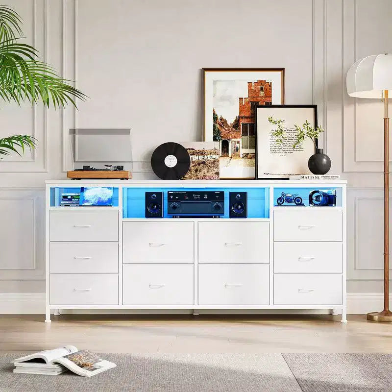 Commode 10 tiroirs de 160,8 cm, Meuble TV pour téléviseurs de 65, 70, 75 pouces, Commode en tissu avec lumières LED et prises de courant, Long meuble de rangement